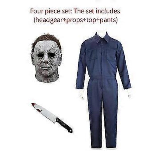 2024 Vuxen Michael Myers Cosplay Kostym Mask Rekvisita Halloween Jumpsuit Outfits Horror Blodig Mördares Karneval Party Kostym För Män (Storlek A)