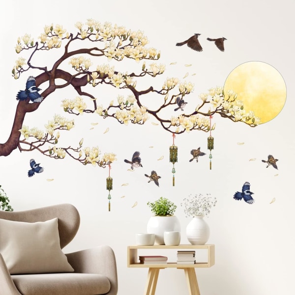 White Magnolia Tree Branch Flying Birds Wall Stickers Peel and St