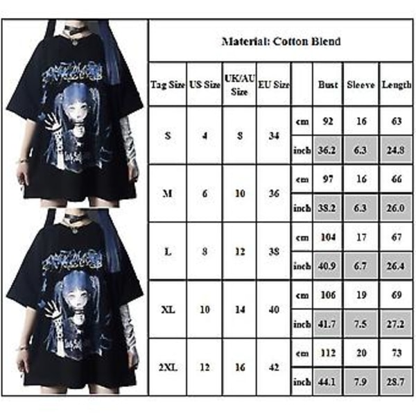 2023 Dam Goth T-shirt Y2k Harajuku Mode Gotisk Anime Estetisk Tryckt Casual Lös Topp Streetwear (L)