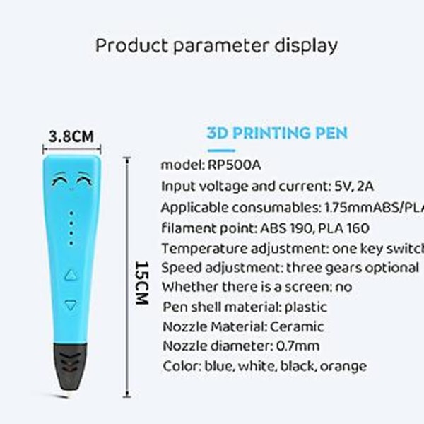 3D-penna Filament Pla Abs Barnleksaker 3D-skrivarpenna Ritset Set Hög temperatur Rp500a 3D-utskrift Penna Pedagogiska Flickor lägg till 150m filament blå 3D-penna