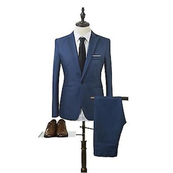 Herrar Business Formal Kostym Byxor Set Slim Fit Bröllop Krage Blazer Kavaj Byxor Outfits (XL Royal Blå)