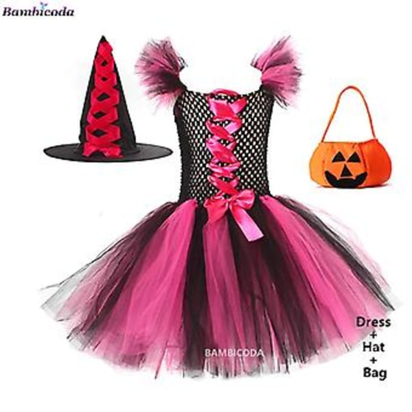 2023 Häxkostym för flickor halloween tutu knälång klänning med hatt kvast strumpbyxor barn karneval cosplay festklädsel set M(4-5y) C6