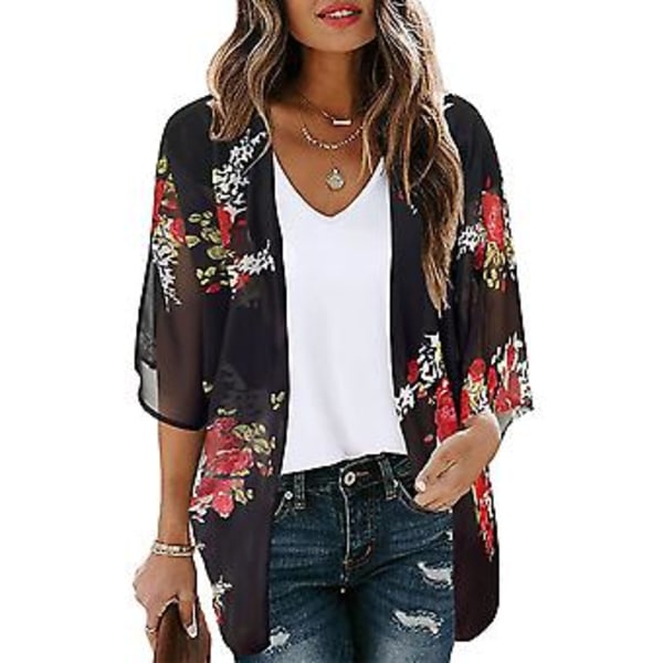 Dam Kimono Cardigan med Blommigt Mönster, Puffärmar, Lös, Casual Blus Toppar (S svart)