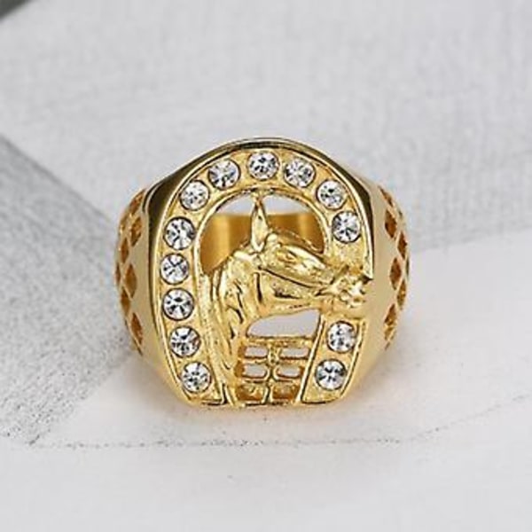 Fashion Zircon Inlagd Guld Färg Häst Män Bröllop Ring Hip Hop Punk Smycken 11 1662-Guld