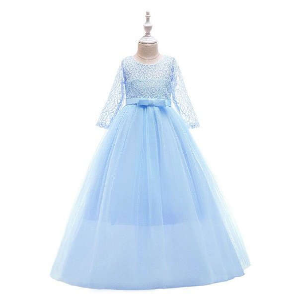 Flickors långärmad festklänning, flickors bröllopsklänning, sommarkväll spets prinsessklänning Blanco 110