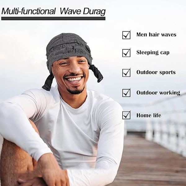 2 kpl Durag-hattu miehille, silkkinen satiini Durag pitkä häntä merirosvo aalto lippalakki Durag rikottu sulka turbaani päähine