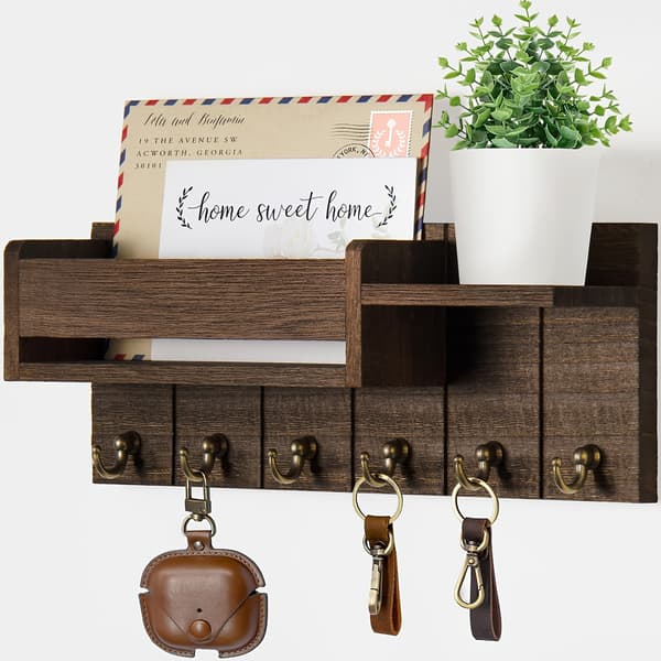 Rustic Wall Mounted Wooden Key Holder with Mail Organizer, Durable & Space-Saving for Entryway, Kitchen, Living Room, Bathroom White