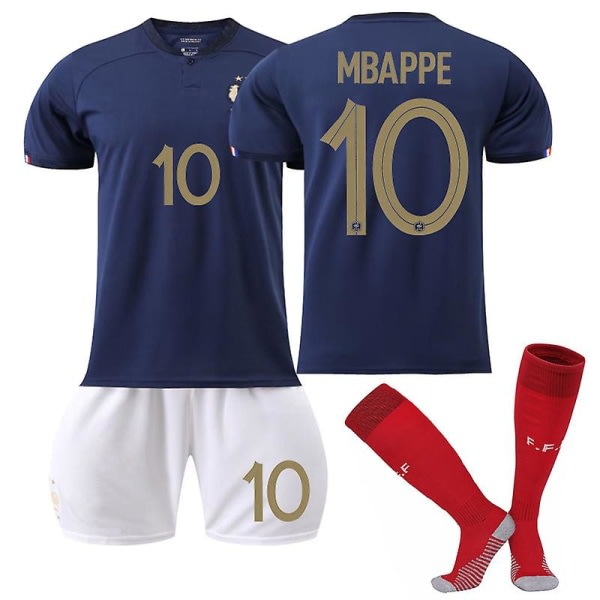 Frankrike Hjemmeskjorte 2022/23 VM Mbappe #10 Fotballdrakt T-skjorte shortssett Fotballsett 3-delers for barn Voksne Fotballdrakter Barn 28(150-160 cm)