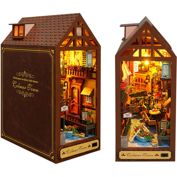 DIY Book Nook Model Kit, Indsæt bogstativ, DIY trædukkehus, miniature dukkehussæt med møbler, fødselsdags- og julegaver (Ville de Colmar)