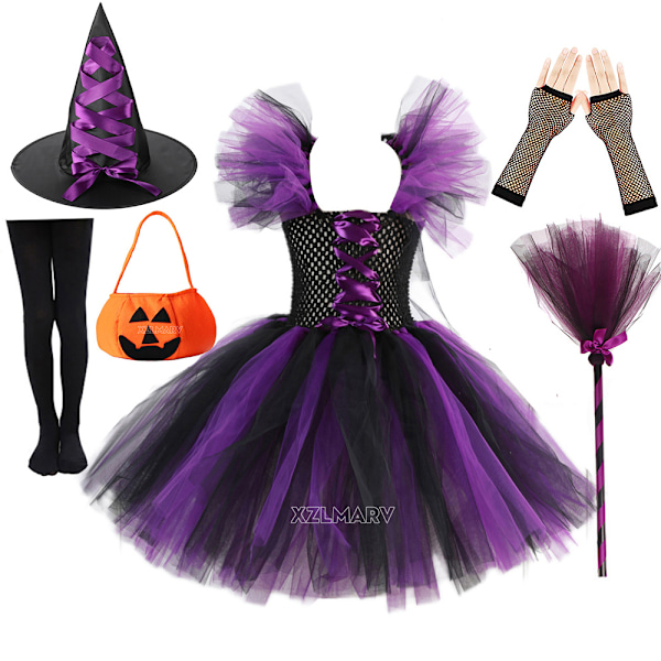 Flickor Häxa Tutu Klänning Handgjord Mesh Trollkarl Kostym med Hatt Kvast Småbarn Festkläder Set Halloween Ny camello L(6-7Y)