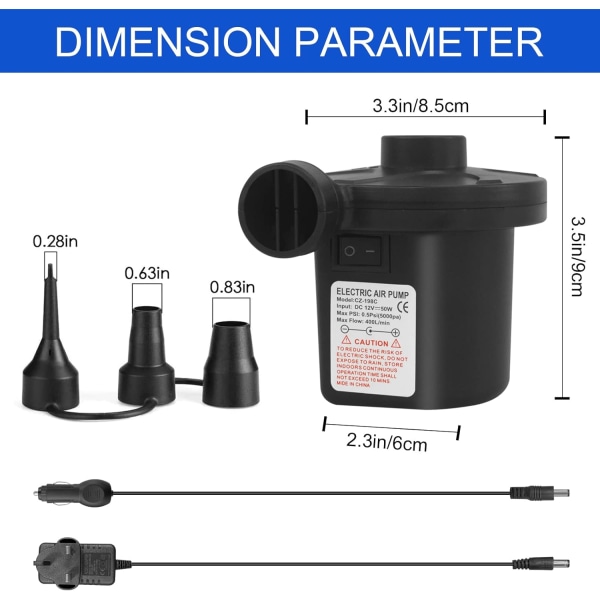 Elektrisk pumpe for oppblåsbare produkter med 3 dyser, AC 240V/DC 12V 50W Høy effekt elektrisk luftpumpe for luftmadrass oppblåsbare produkter, fyll oppblåsbar/avblåsbar