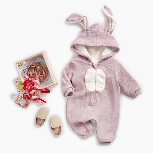 Sanlutoz - Kanin Hættejakke Vinter Baby Sød Outfit Tyk Baby Tegneserie Jumpsuit BRW8179-DGY 2-3T