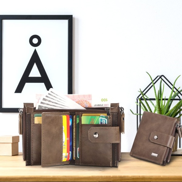 Herrplånbok, Läderplånbok för män RFID-blockerande kreditkortshållare Vikbar handväska med myntficka med dragkedja, presenter för män (brun)
