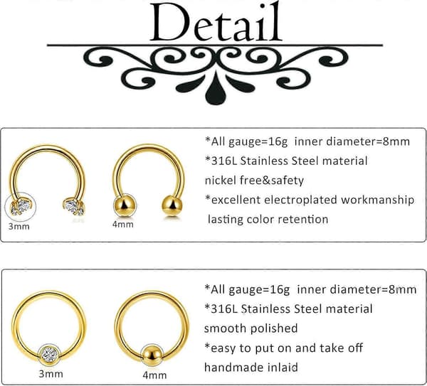 16G Læberinge Rustfrit Stål Monroe Labret Studs Brusk Tragus Øreringe Næsering Bøjle Lobe Helix Ørering Stud Barbell Piercing Smykker til Kvinder
