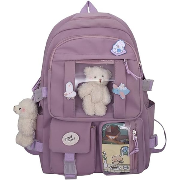 Kawaii Skolryggsäck för Flickor Söt Estetisk Ryggsäck Skolryggsäck med Nål och Tillbehör Purple