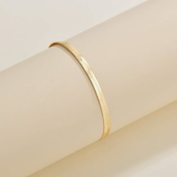 Slangekjede Armbånd for Kvinner Jenter 14K Gullbelagt Justerbar 5MM Flat Fleksibel Herringbone Lenke Armbånd Charm Minimalistisk Smykker til Gave 7''