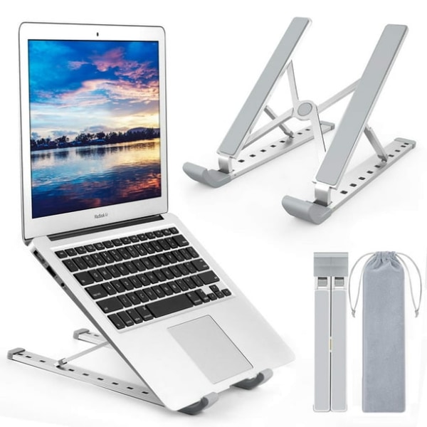 Laptopstativ, justerbar i flere vinkler, 9 højdejusterbar, foldbar aluminiums- og silikone-tabletholderstativ, sølv