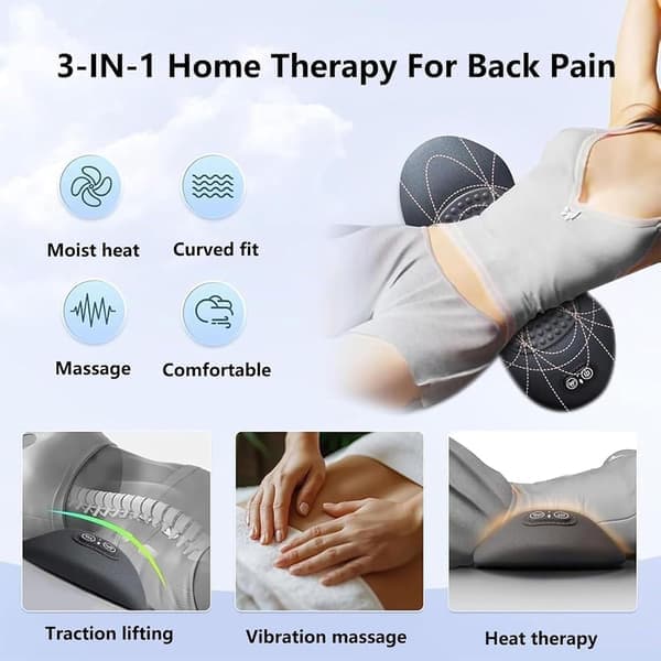 3-in-1 Back Massager with Heat – Traction & Vibration for Sciatica & Lower Back Pain, Ergonomic Lumbar Support – Black Black