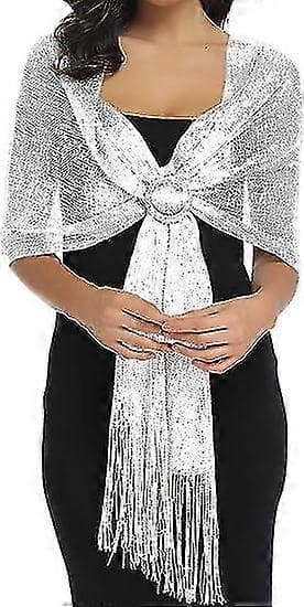Glitrende Metallisk Sjal med Spænde til Aftenkjoler og Bryllupsbegivenheder White with Silver Buckle