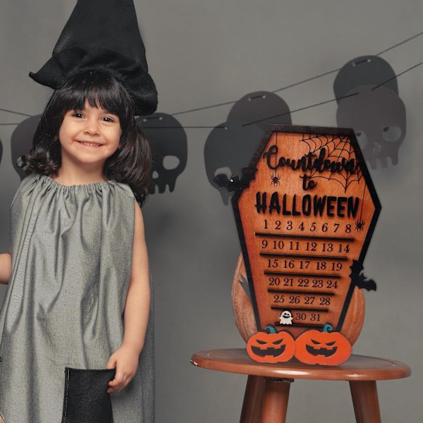 Halloween-laskentakalenteri, hauska Halloween-arkku-kalenteri liikkuvilla lepakko-, kurpitsa- ja haamu-palikoilla, puuta