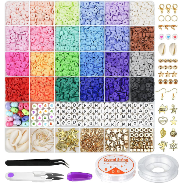 6000 stk Leirperler for armbåndsfremstilling, 24 farger flate runde