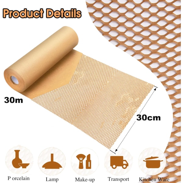 Honeycomb förpackningspapper dämpande omslag, 30 cm x 30 m Miljövänligt perforerat förpackningspapper för flyttning, frakt, omslagspappersrulle Brun