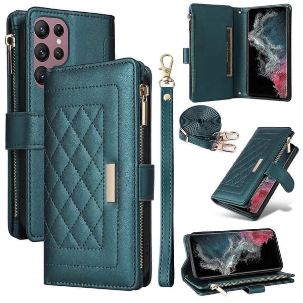 Leather Zipper Wallet Case for Samsung Galaxy S22 Ultra 5G [DB]
