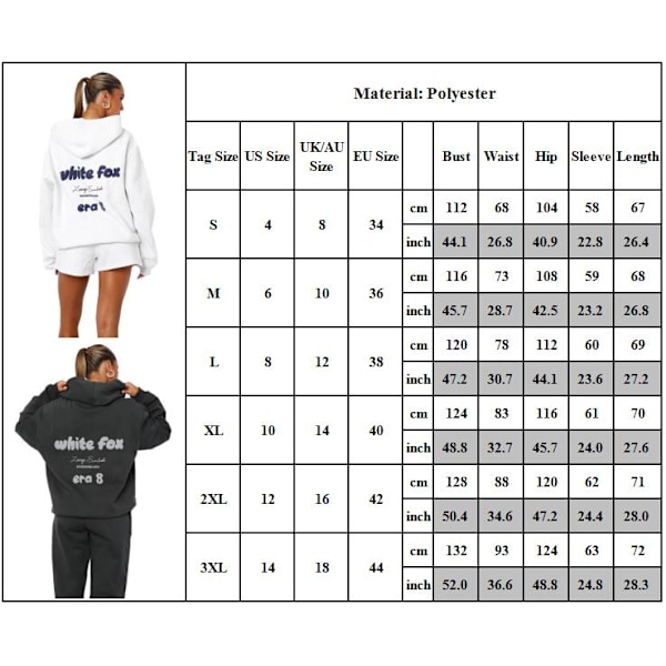 Hvid Fox Kvinders Casual 2-delt Tracksuit Sport Hoodie Lange Bukser Outfit Sæt Sportstøj Hvid White L