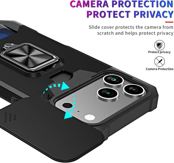 for iPhone 17 Pro Max Case with [Card Holder][Sliding Camera Cover][360° Rotating Ring Stand] Heavy Duty Protective Phone Case iPhone 15 Plus -6.7in