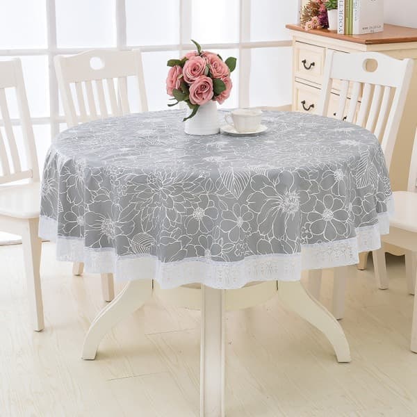 Rund PVC-vaxduk (Grå, 152 cm), med blommor och spets