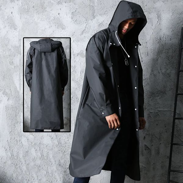 Svart Fashion Vuxen Vattentät Lång Regnrock Kvinnor Män Regnrock Huva För Utomhus Vandring Resa Fiske Klättring Tjockare XL