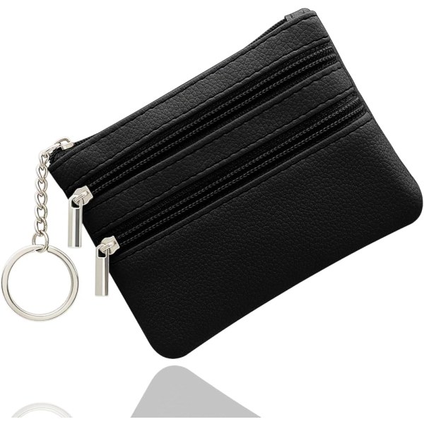 Liten myntväska, liten plånbok för kvinna, växlingsplånbok, myntficka med dragkedja Liten damväska med 3 fack och nyckelring (svart)