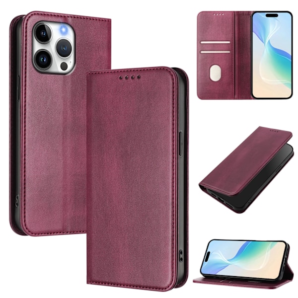 Lämplig för iPhone 15 Pro Max läderfodral retro läder kortplånbok magnetisk sug skyddande skal enfärgad Claret