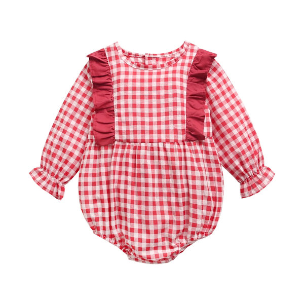 Långärmad klänning i rutig prinsessdesign för småflickor, höstkläder för bebisar, avslappnade bodysuits BRW2050-RD 12-18M