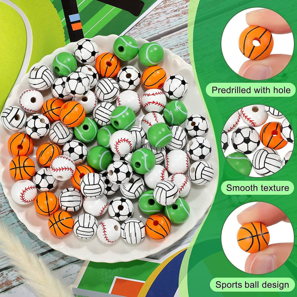 100 stykker Sportsperler Sportsball Treperler Fotball Fotball Basketball Baseball Volleyball Tennisperler 5 Style Sports Treperler