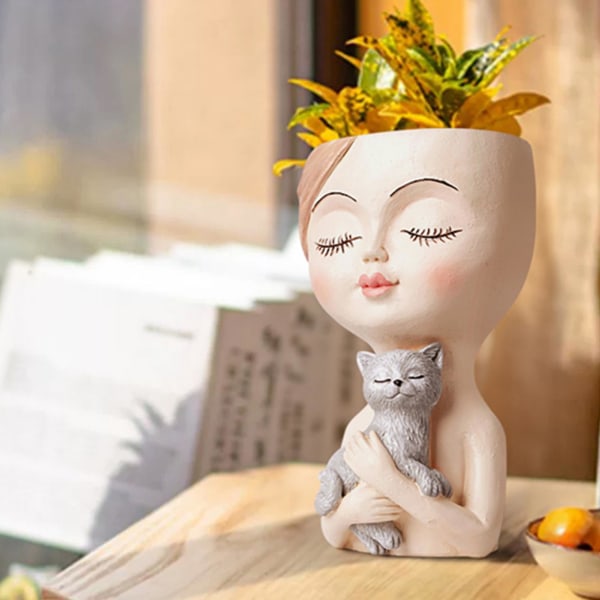 Harpiks pige holder kat og hund vase figur formet ansigts blomsterarrangement kunst container dekoration White Cat