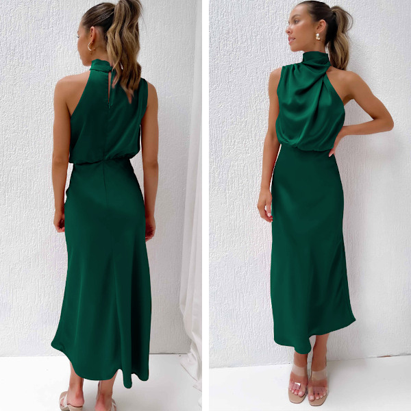 Elegante sommerbryllupskjole for damer, uten ermer, halter-hals, i sateng verde militar M