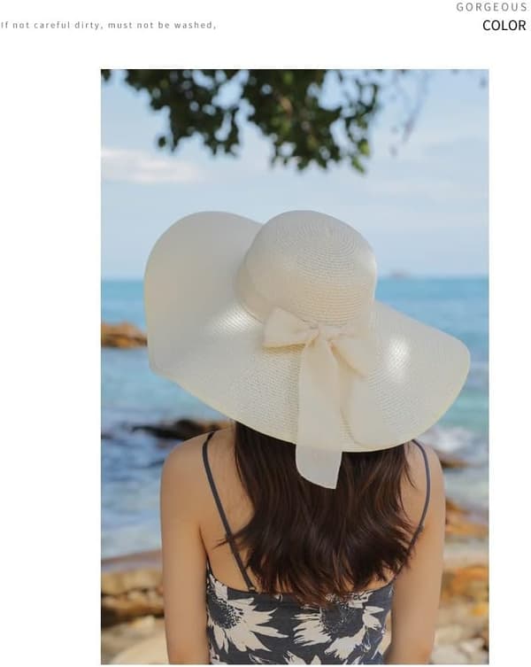 Women's Foldable Floppy Wide Brim Sun Hat Straw Hat Summer Beach Hat UV UPF 50+ lvory white