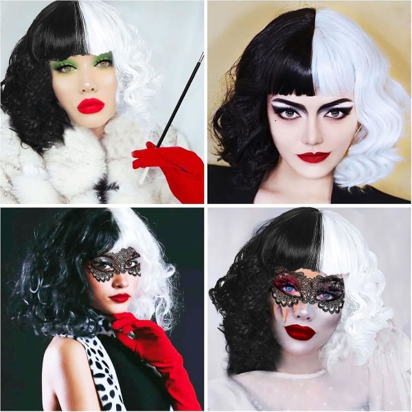 Cruella Costume Naisten 70-luvun asusteet, lyhyt mustavalkoinen peruukki pidikkeellä, käsineet, kaulakoru, pitsinaamio, peruukkihattu, naisten halloween-asuille, tuuletin