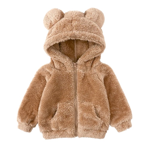 Baby Fleece Hoodie Jakke med Bjørnører Vintervarm Lynlåsjakke Nyfødt Spædbarn Tøj 1 2-3t