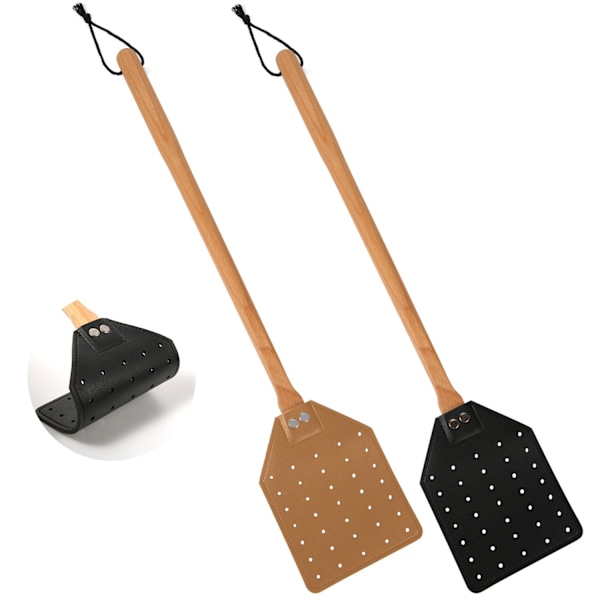 2 stk. flueklapper i lær med hengende tau, 49,5 cm lang kraftig manuell flueklapper med trehåndtak, vepsefanger for innendørs og utendørs bruk (svart, brun)