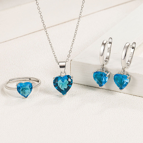 Elegant smyckesset i 925 silver för kvinnor med zirkonhjärta, ring, örhängen och halsband för bröllop, jul, gratis frakt, varumärke Azul