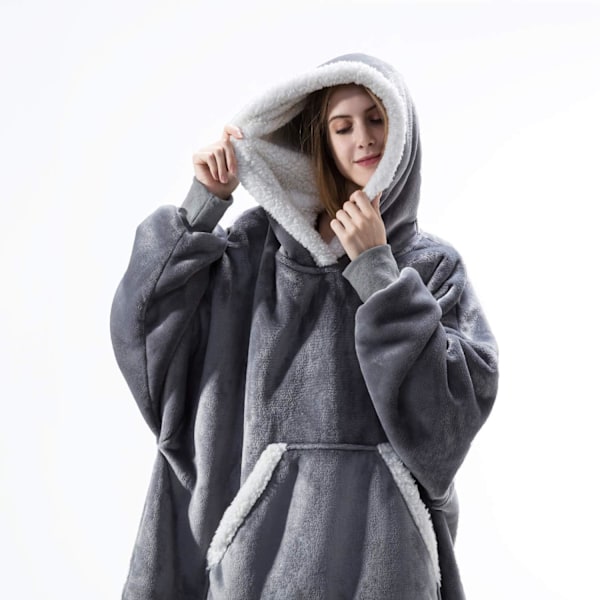 Pledd med vertikal lomme, lat pledd, flanell-kåpe-stil, varm, overdimensjonert hettegenser, én størrelse Gray