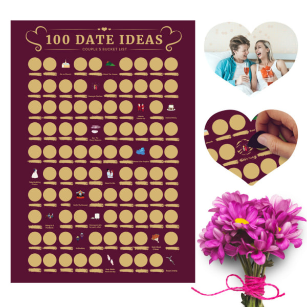 Plakat med 100 date-ideer, 100 ting å gjøre-bøtteliste for date Night, Valentinsdagsgave til kjæresten, 16,5" x 23,4" A