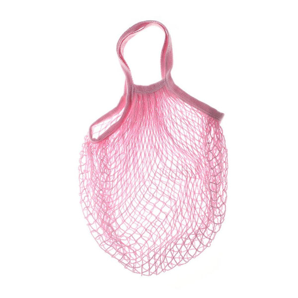 Bærbar bomull handlepose i mesh, økologisk, gjenbrukbar, med kort håndtak, handleposer i mesh med snor, miljøvennlige, lette, sammenleggbare, store kapasitet Pink