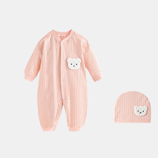 Baby Jumpsuit i Bomull, Hel Färg, Björnmönster, Höst 2023, Nyfödd, En-Delad Kläder, 0-18 Månader Rosado 90 for 12-18M