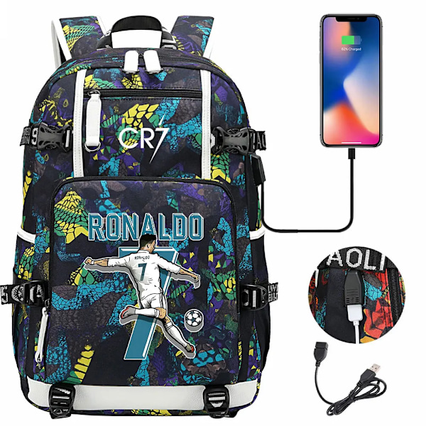 CR7 Fotboll Ryggsäck USB Laddning Ronaldo Skolväska Reselapptoppväska för Tonåringar Studenter