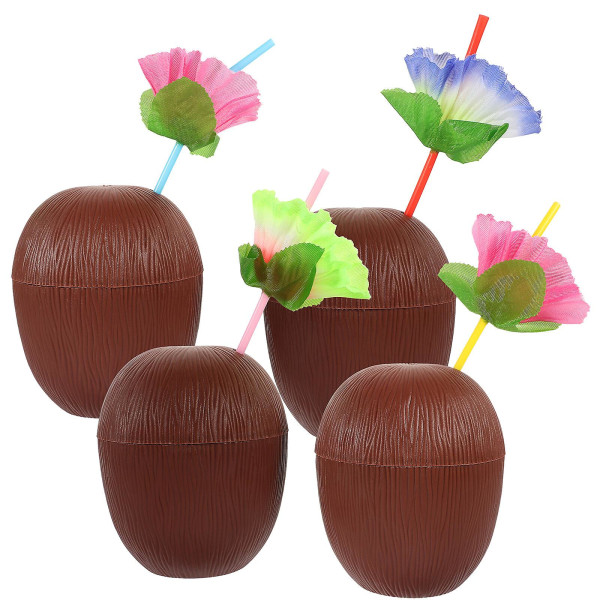 4st kokosnötskoppar med sugrör Simulering kokosnötsdrickskoppar Hawaiian party kokosnötsformade koppar As Shown 2 12.50X10.50X10.50CM