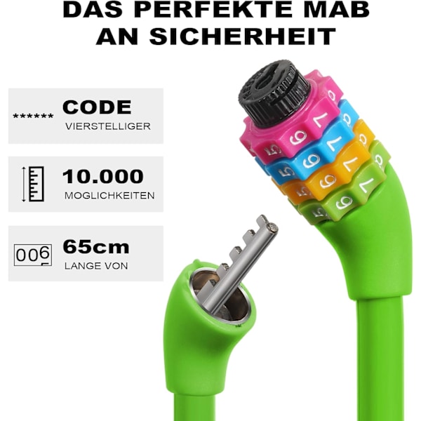 Cykellås, 4-cifret kode cykellås, 65cm bærbar tyverisikret cykelkode lås, nulstillelige kombinationer 4 cifre koder lås(Grøn) Green