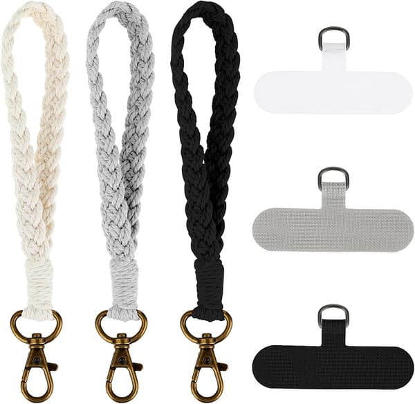 (Black White Grey) 3 Pcs Boho Macrame Phone Wrist Strap, Mobile Phone Lanyard with 3 Pcs Phone Tether Tabs, Handmade Bracelet